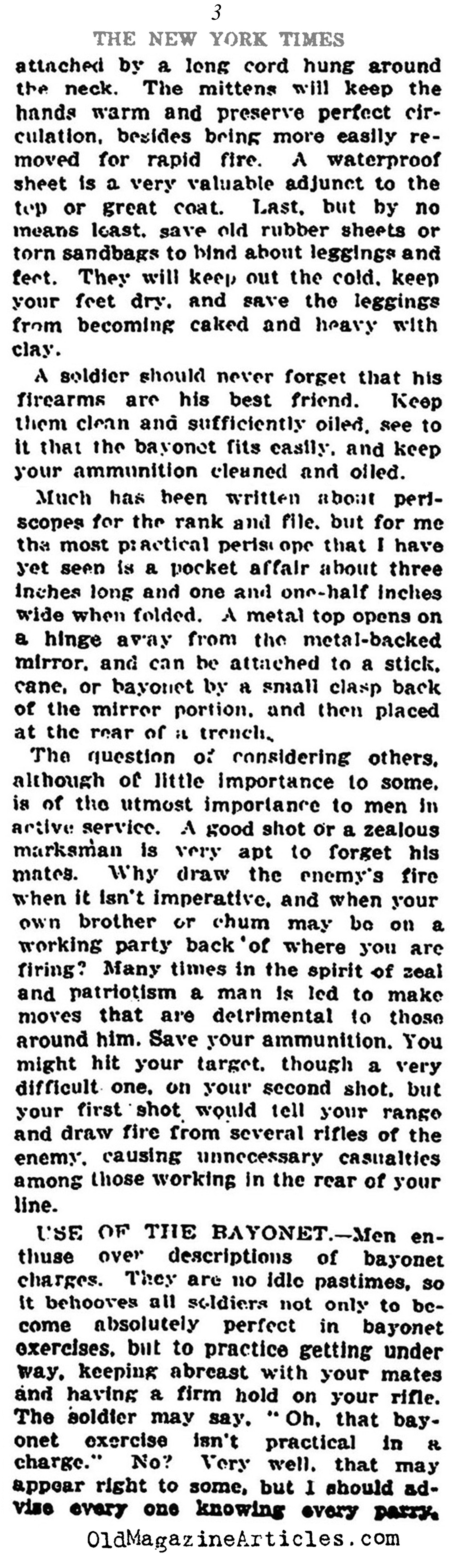 Trench Warfare Tips from a Veteran (NY Times, 1916)
